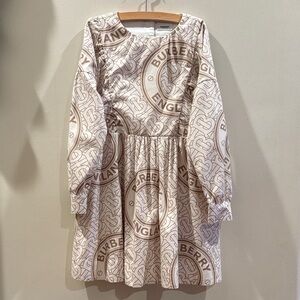 Burberry 10 Girls Youth Cream & Tan Logo-Print Long Sleeve Dress